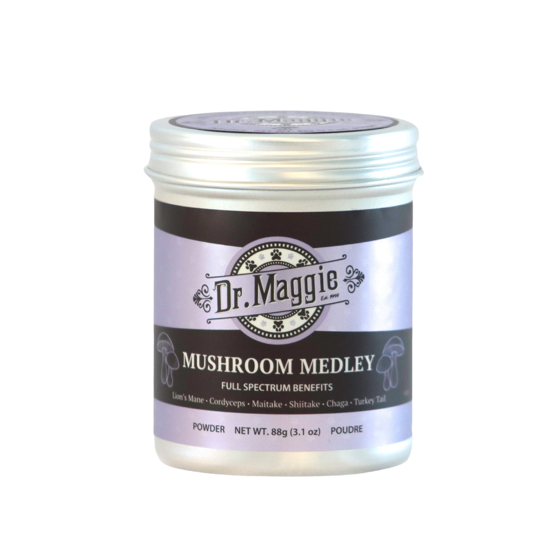 Dr. Maggie Mushroom Medley jar with a purple and black label shown upright on a white background. Text on the label highlights 'Full Spectrum Benefits' and lists six mushrooms.