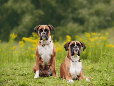 Two joyful brown Boxer dogs sitting side by side on lush green grass, sharing a moment of companionship in the great outdoors