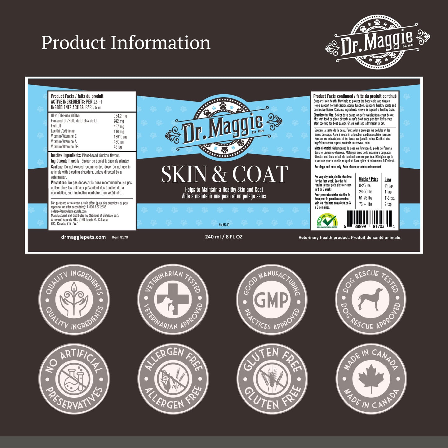 Dr. Maggie Skin & Coat | Omega 3 Supplement for Cats and Dogs |  Fish Oil, Flax Oil, Olive Oil and Vitamin Blend