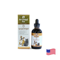 Arrowleaf Pet D Wormer for cats and dogs, 100 mL liquid herbal supplement in an amber bottle beside retail box with American flag.