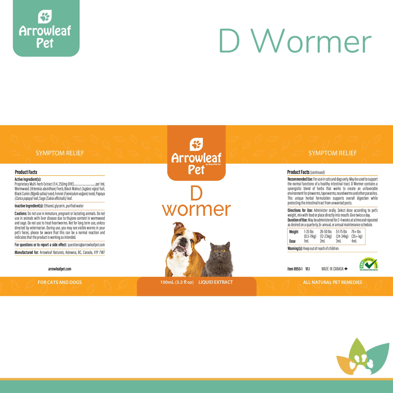 Arrowleaf Pet D Wormer product label for cats and dogs, showing ingredient list, dosage chart, and branding in orange and white with dog and cat image.