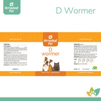 Arrowleaf Pet D Wormer product label for cats and dogs, showing ingredient list, dosage chart, and branding in orange and white with dog and cat image.