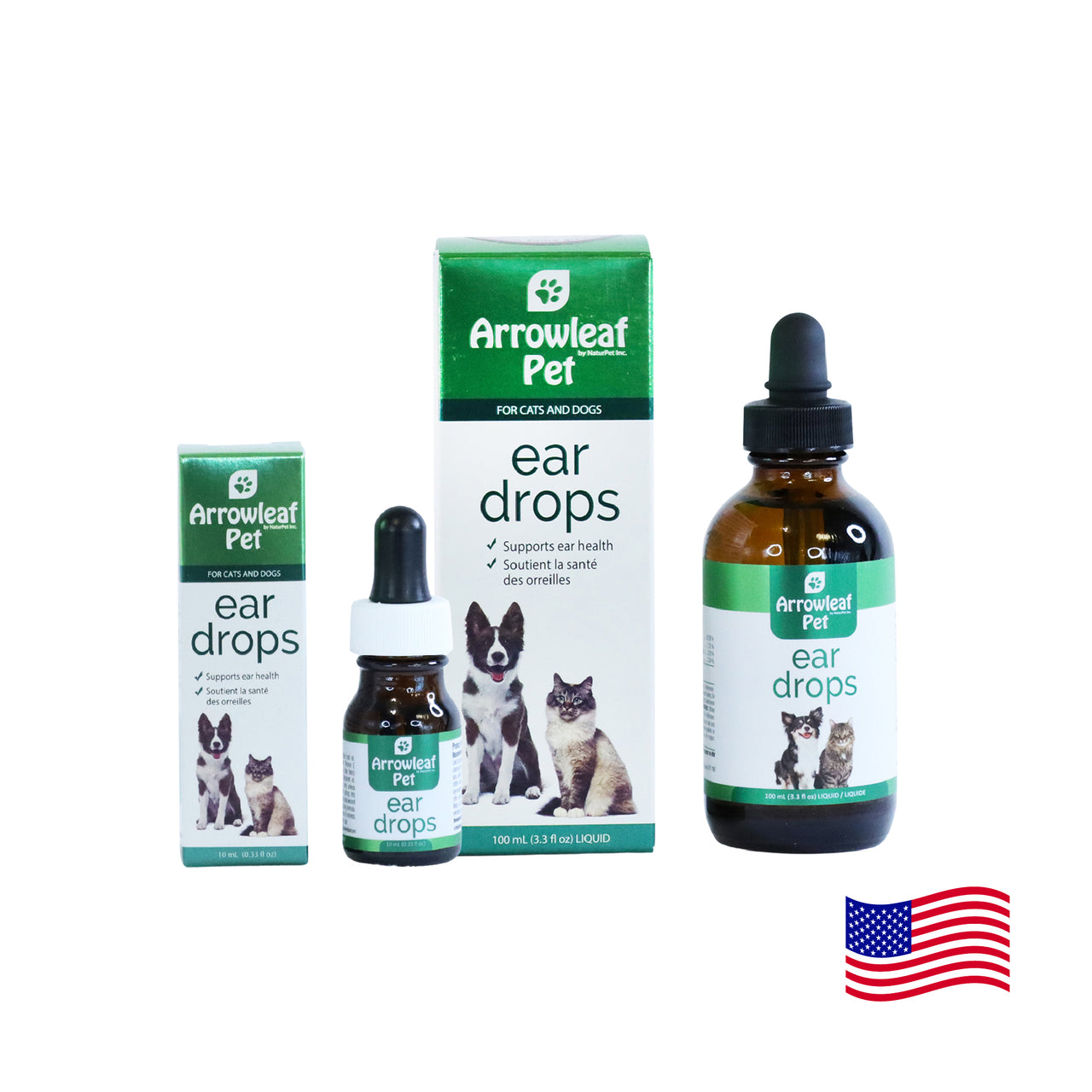 Arrowleaf Pet Ear Drops for cats and dogs, 10 mL and 100 mL liquid ear care bottles shown beside their retail boxes with American flag.