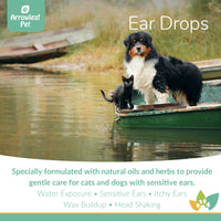 Arrowleaf Pet Ear Drops promotional image featuring a Bernese Mountain Dog and a black kitten standing together in a small rowboat, highlighting gentle care for sensitive ears related to water exposure, itchy ears, wax buildup, and head shaking.