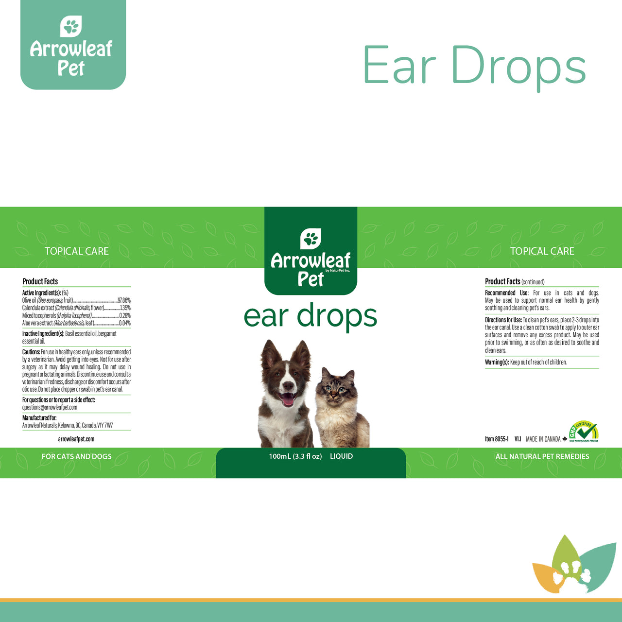 Arrowleaf Pet Ear Drops product label for cats and dogs, showing ingredient list, directions for use, and branding in green and white with a dog and cat image.