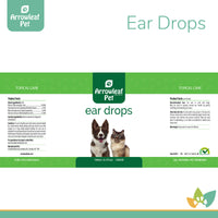 Arrowleaf Pet Ear Drops product label for cats and dogs, showing ingredient list, directions for use, and branding in green and white with a dog and cat image.