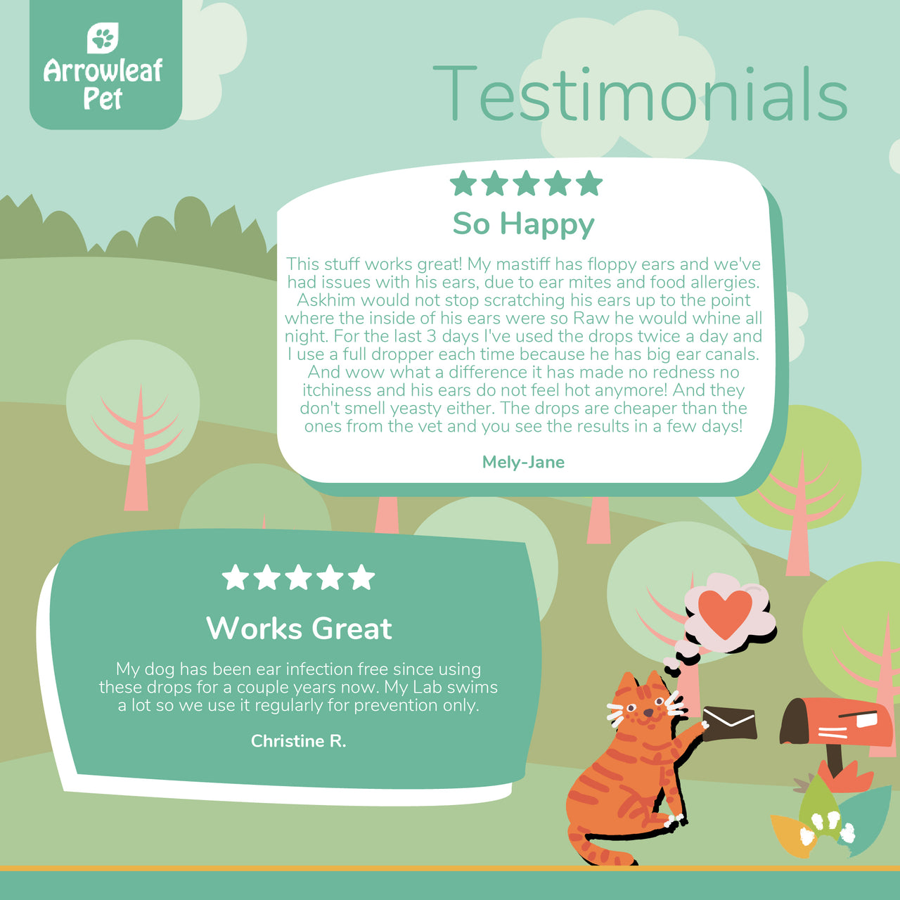 Arrowleaf Pet Ear Drops testimonial infographic with illustrated cat mailing a letter, featuring two customer reviews highlighting reduced itching, improved ear comfort, and relief from ear irritation in pets.