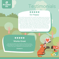 Arrowleaf Pet Ear Drops testimonial infographic with illustrated cat mailing a letter, featuring two customer reviews highlighting reduced itching, improved ear comfort, and relief from ear irritation in pets.