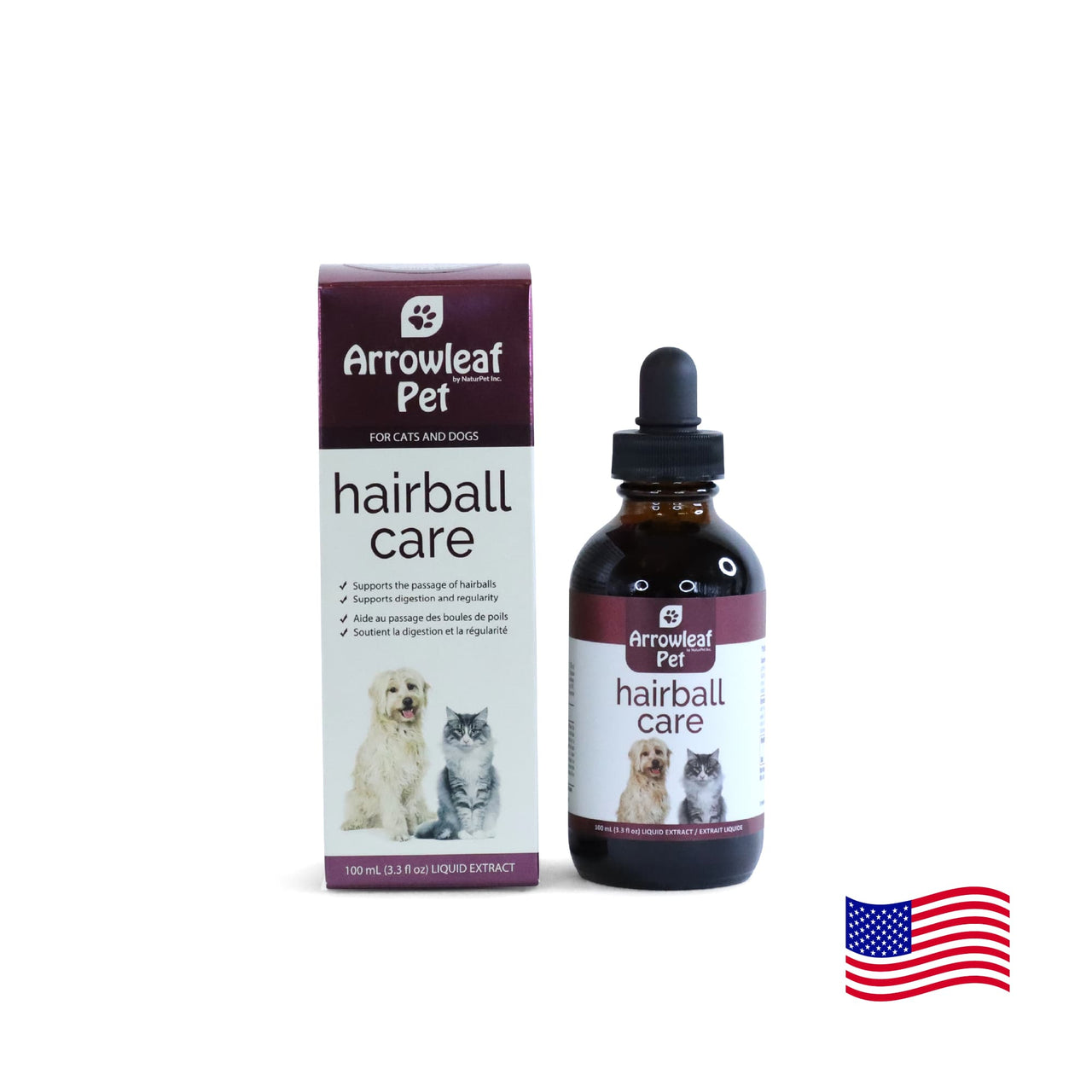 Arrowleaf Pet Hairball Care for cats and dogs, 100 mL liquid herbal supplement in an amber bottle beside retail box with American flag.