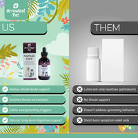Arrowleaf Pet Hairball Care comparison chart showing “Us vs Them.” Highlights an herbal, fast-absorbing liquid formula that supports hairball passage, digestion, and throat comfort with no additives versus petroleum-based laxatives offering only short-term relief and no airway or grooming support.