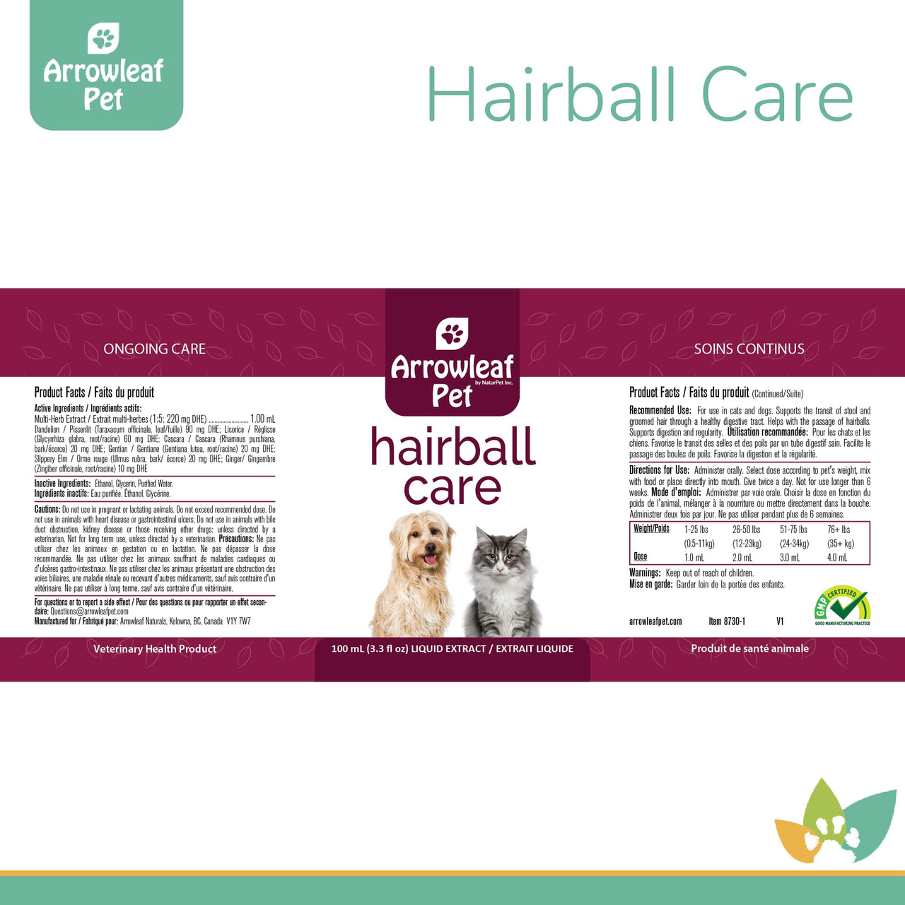 Arrowleaf Pet Hairball Care product label for cats and dogs, showing ingredient list, dosage chart, and branding in maroon and white with dog and cat image.