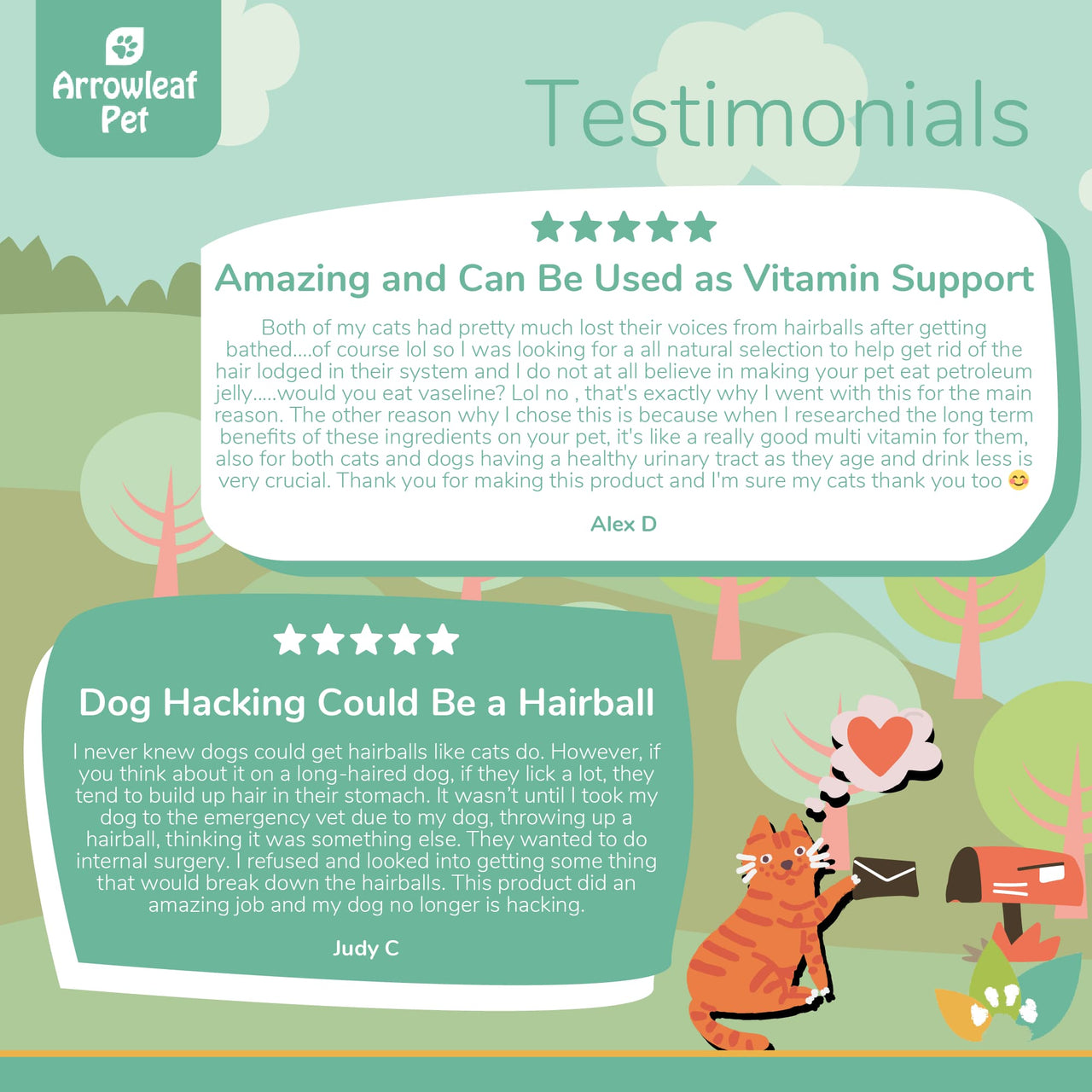 Arrowleaf Pet Hairball Care testimonial infographic with illustrated cat mailing a letter, featuring two customer reviews highlighting reduced hacking, easier hairball passage, and support for healthy digestion in pets.