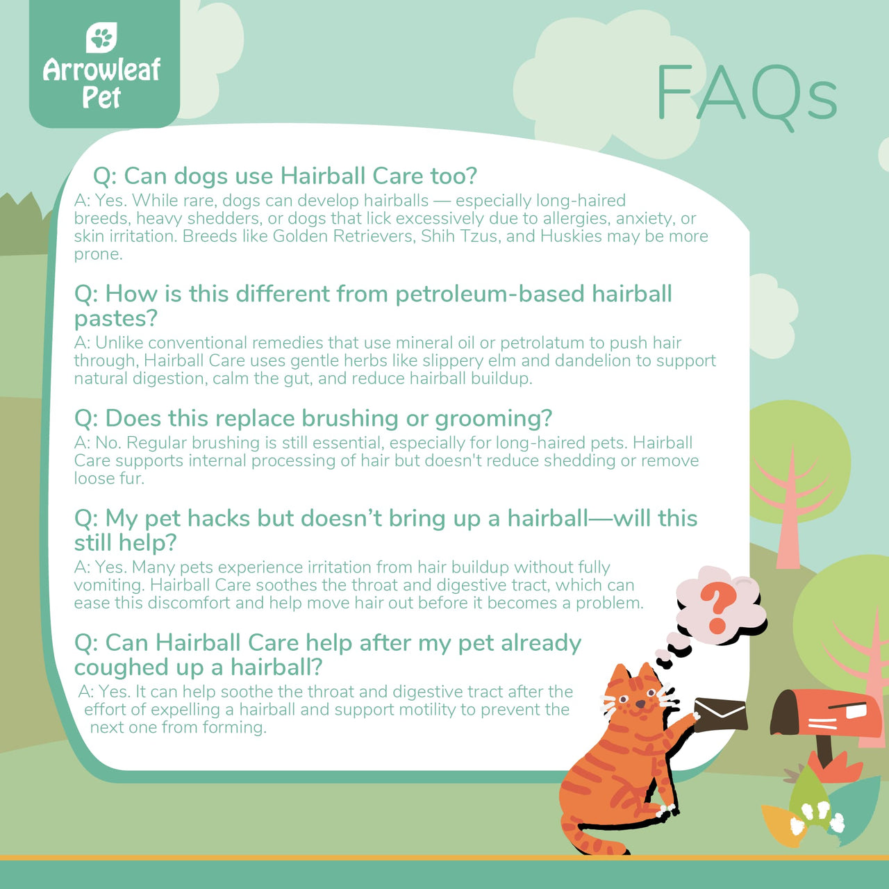 Arrowleaf Pet Hairball Care FAQ infographic with illustrated cat mailing a letter. Text answers common questions about how the formula works, hairball buildup, differences from petroleum-based pastes, brushing needs, hacking without expelling a hairball, and ongoing digestive and throat support.