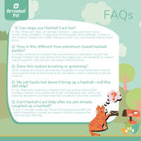 Arrowleaf Pet Hairball Care FAQ infographic with illustrated cat mailing a letter. Text answers common questions about how the formula works, hairball buildup, differences from petroleum-based pastes, brushing needs, hacking without expelling a hairball, and ongoing digestive and throat support.
