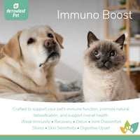 Arrowleaf Pet Immuno Boost promotional image featuring a Labrador and a Siamese cat, highlighting immune, detox, and wellness benefits for pets.