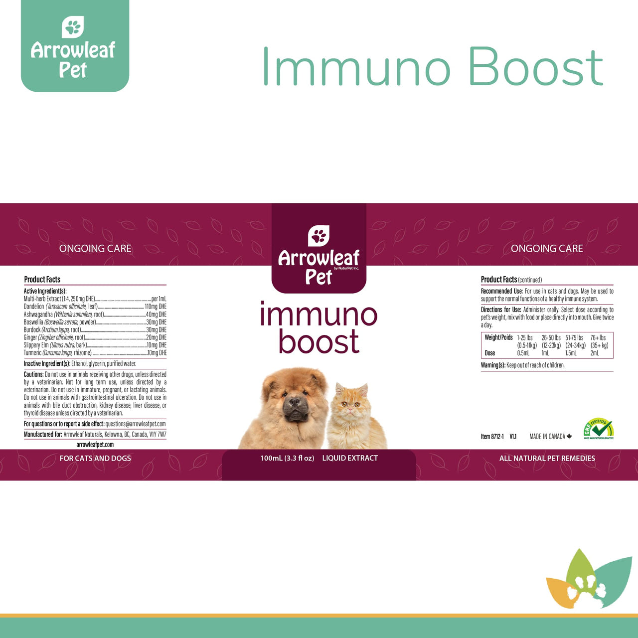 Arrowleaf Pet Immuno Boost product label for cats and dogs, showing ingredient list, dosage chart, and branding in maroon and white with dog and cat image.