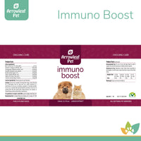 Arrowleaf Pet Immuno Boost product label for cats and dogs, showing ingredient list, dosage chart, and branding in maroon and white with dog and cat image.