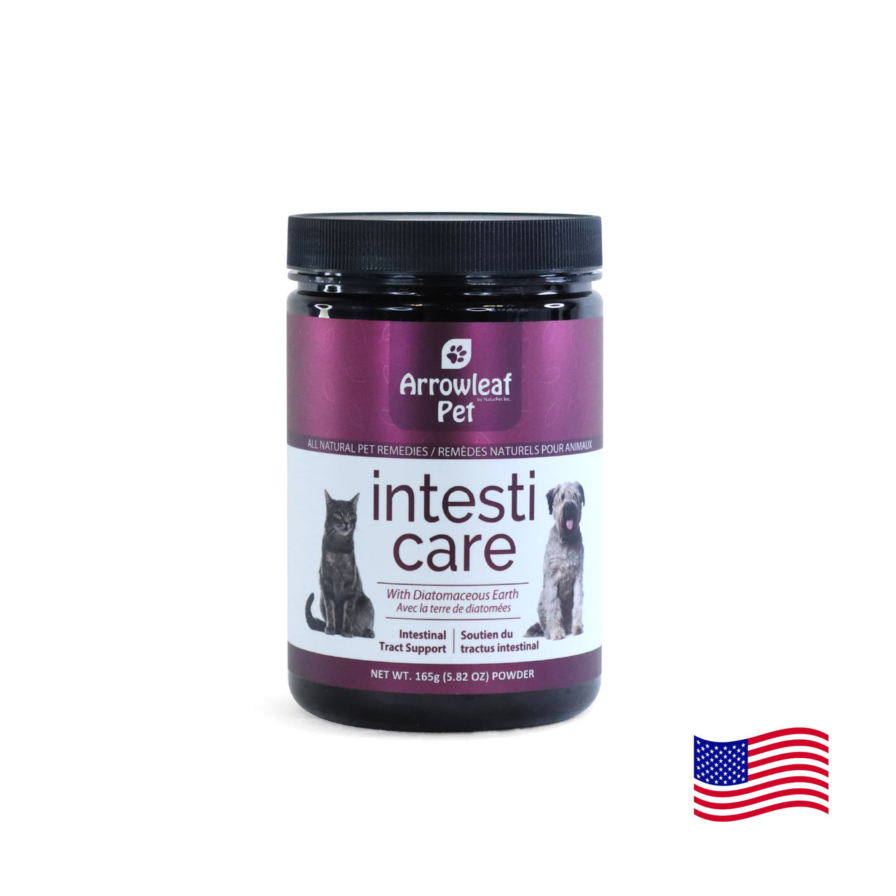 Arrowleaf Pet Intesti Care for cats and dogs, 165g intestinal support powder in a jar with American flag.