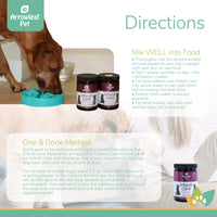 Arrowleaf Pet Intesti Care directions infographic featuring dogs eating from bowls, showing instructions for mixing powder into food and explaining the optional One & Done Method for convenient daily digestive support.