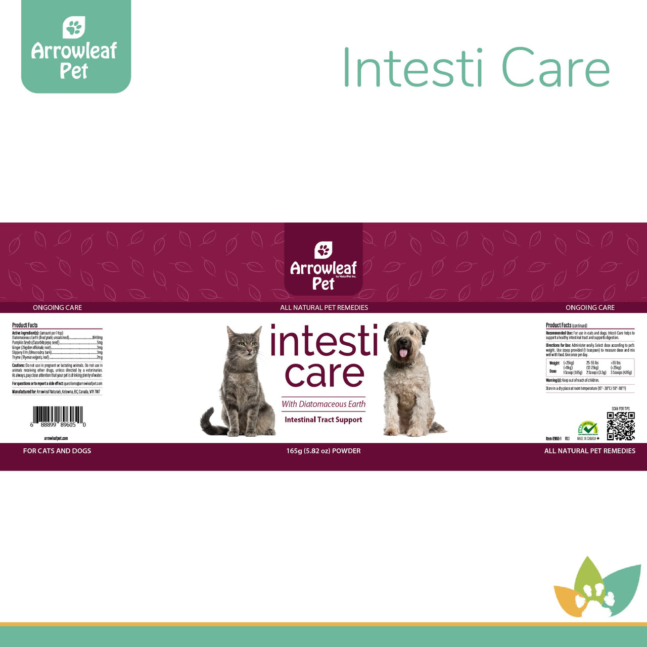 Arrowleaf Pet Intesti Care product label for cats and dogs, showing ingredient list, dosage chart, and branding in maroon and white with dog and cat image.
