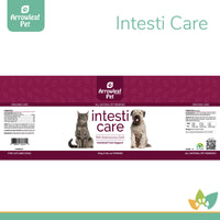 Arrowleaf Pet Intesti Care product label for cats and dogs, showing ingredient list, dosage chart, and branding in maroon and white with dog and cat image.