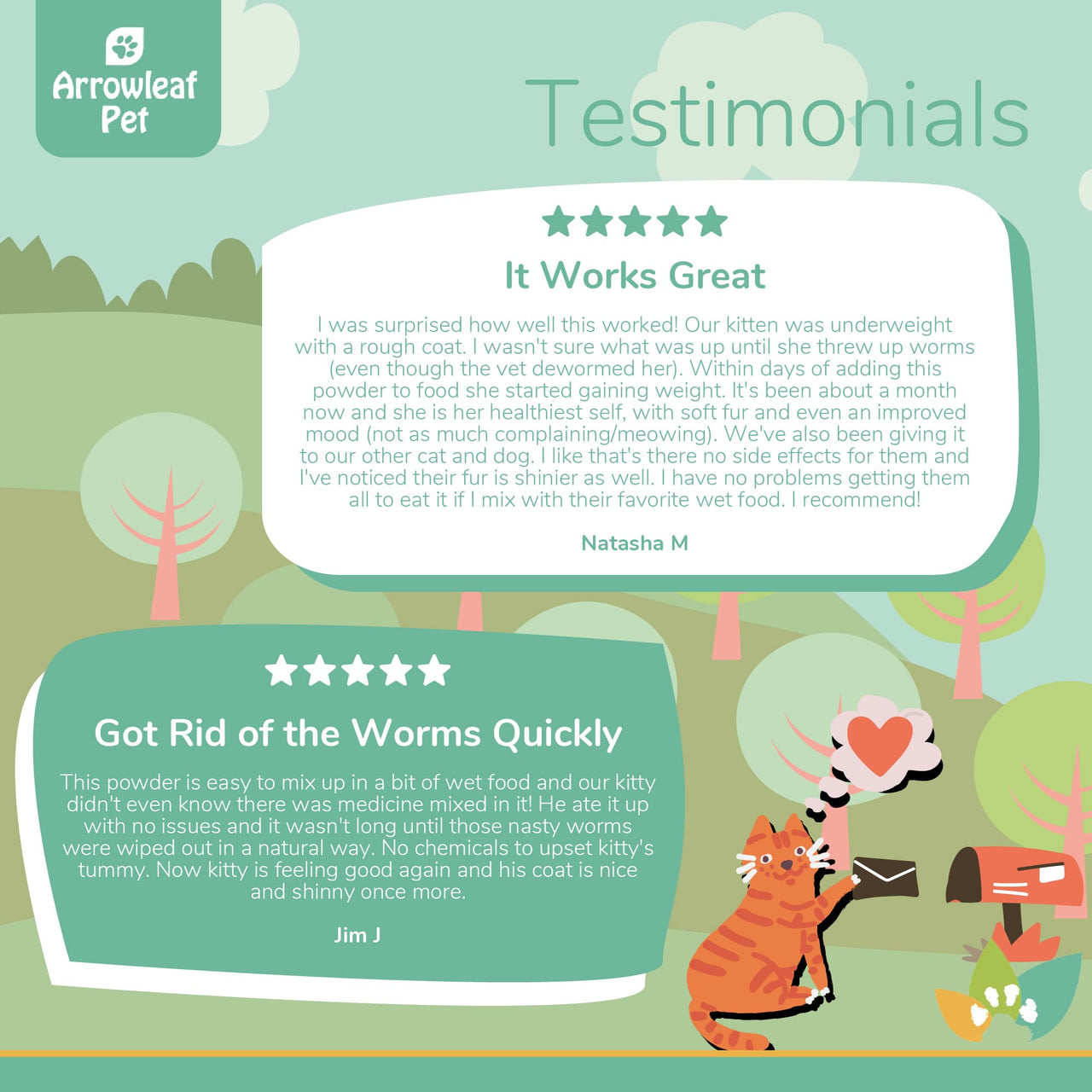 Arrowleaf Pet Intesti Care testimonial infographic with illustrated cat mailing a letter, featuring two customer reviews about worm removal, improved digestion, and healthier coat and mood.