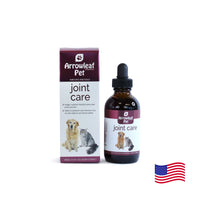 Arrowleaf Pet Joint Care for cats and dogs, 100 mL liquid extract in an amber bottle beside the retail box with an American flag.