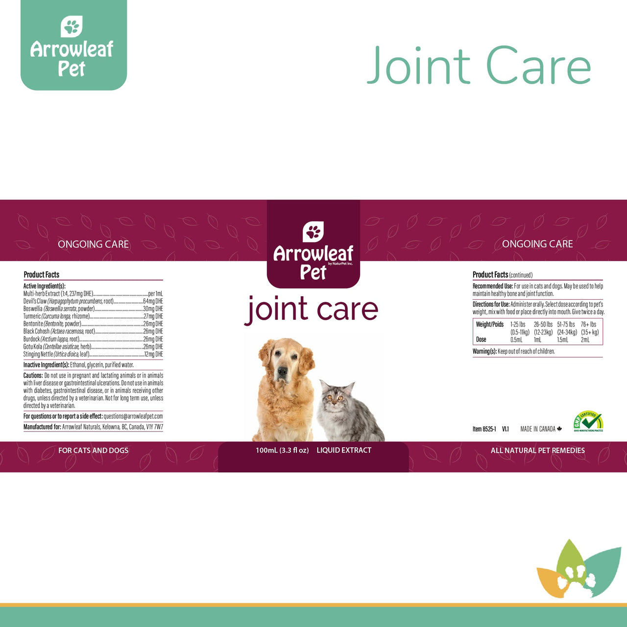 Arrowleaf Pet Joint Care product label for cats and dogs, featuring ingredient list, dosage chart, and maroon-and-white branding with a dog and cat image.
