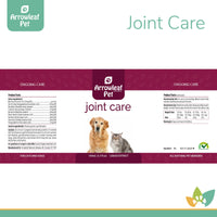 Arrowleaf Pet Joint Care product label for cats and dogs, featuring ingredient list, dosage chart, and maroon-and-white branding with a dog and cat image.