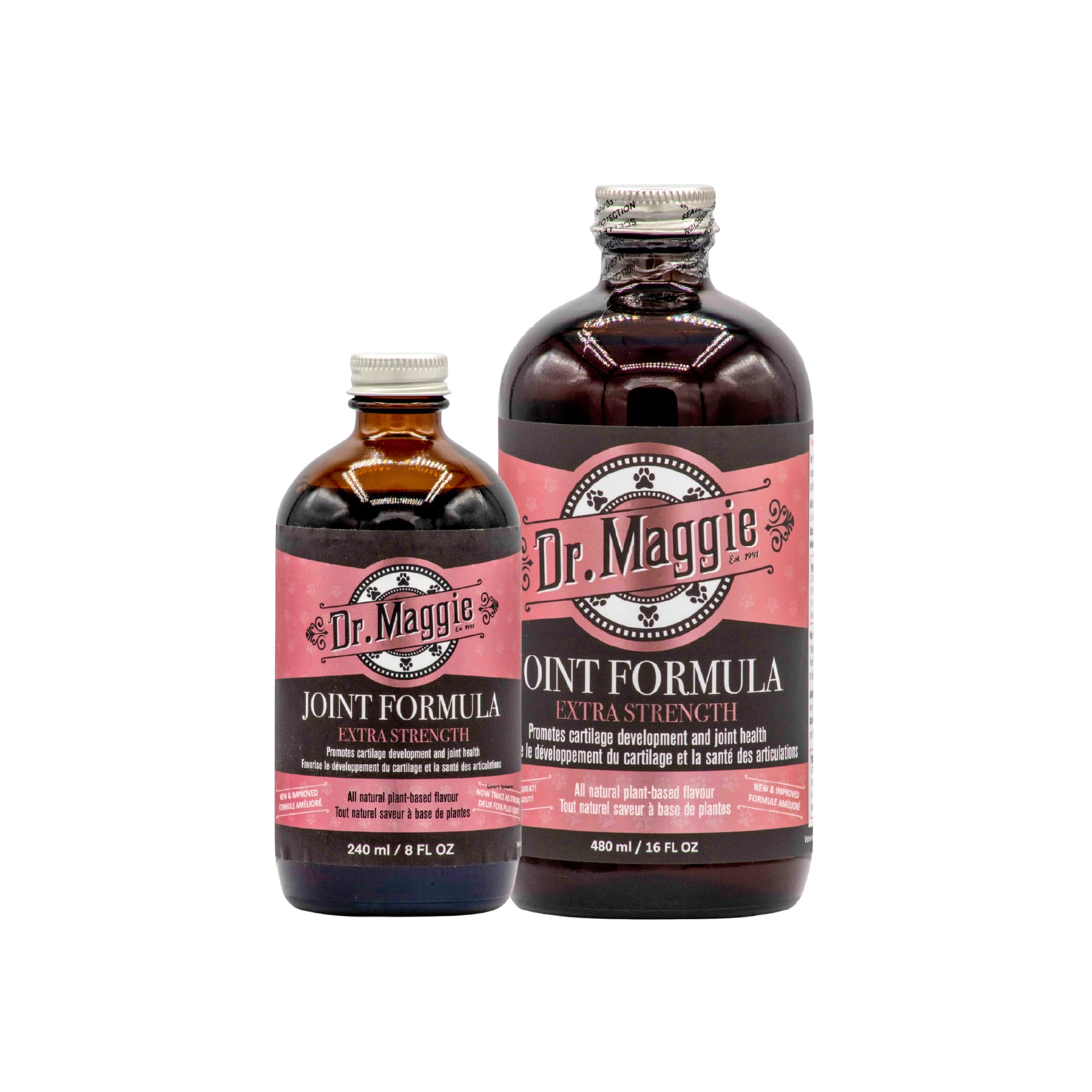 Two amber bottles of Dr. Maggie Joint Formula Extra Strength, one 240 mL and one 480 mL, displayed side by side against a white background.