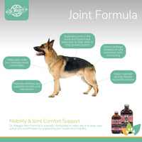 Dr. Maggie Joint Formula infographic featuring a German Shepherd dog with labeled benefits including support for joints in the spine and lower back, reduced stiffness and smoother joint movement, improved joint cushioning, and strong, flexible connective tissue.