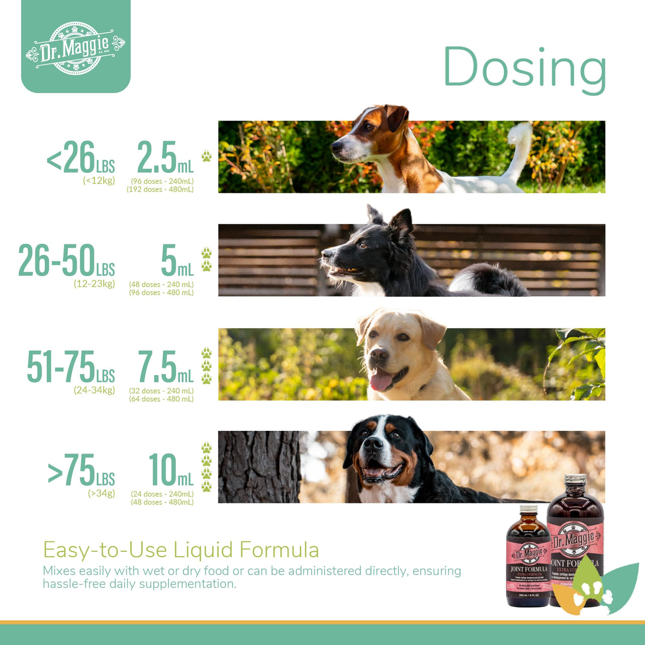 Dr. Maggie Joint Formula dosing chart with dogs of various sizes and dosage ranges from 2.5 mL to 10 mL by weight.