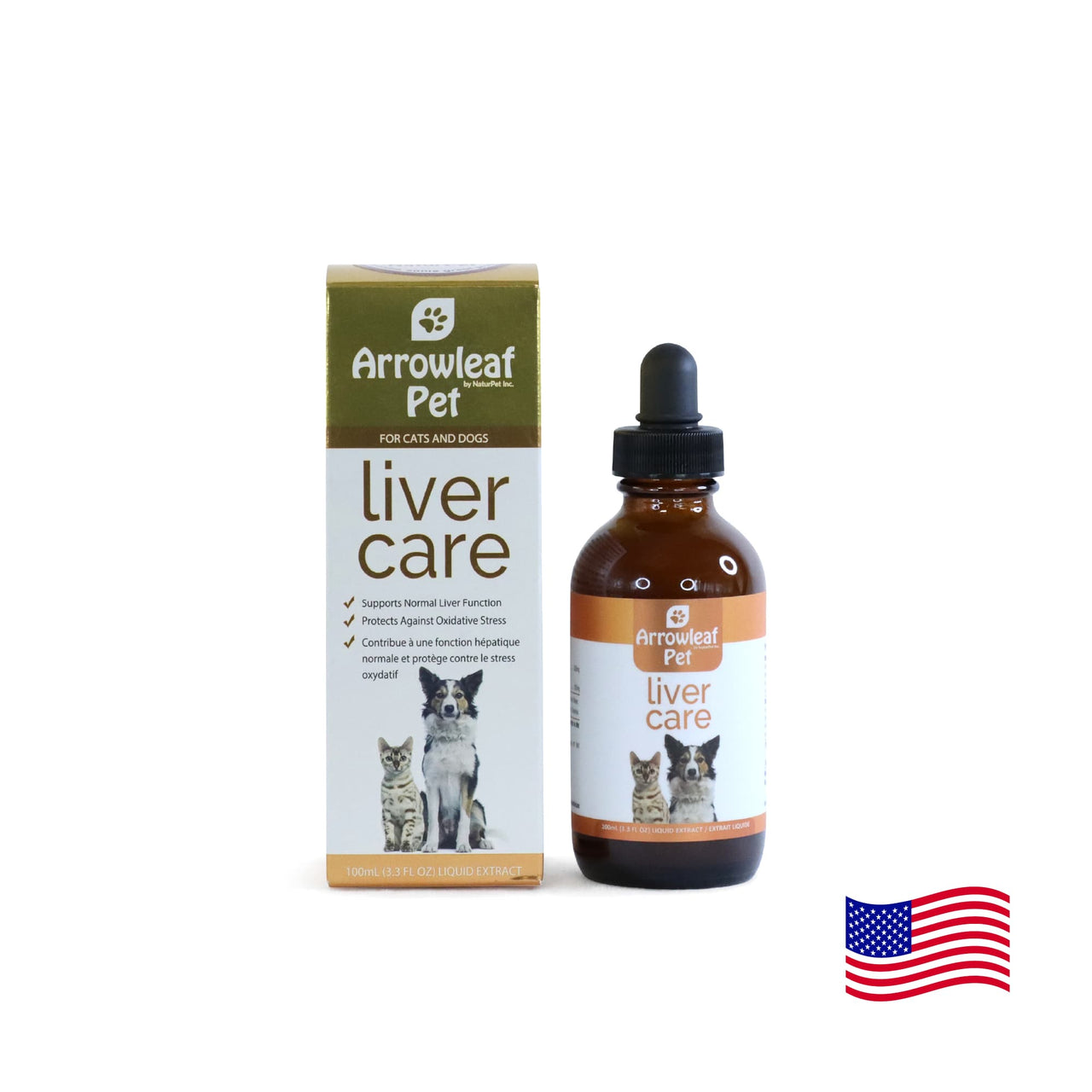 Arrowleaf Pet Liver Care for cats and dogs, 100 mL liquid herbal supplement in an amber bottle beside retail box with American flag.