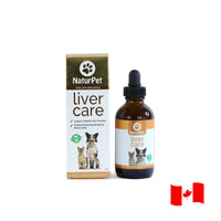 NaturPet Liver Care for cats and dogs, 100 mL liquid herbal supplement in an amber bottle beside retail box with Canadian flag.