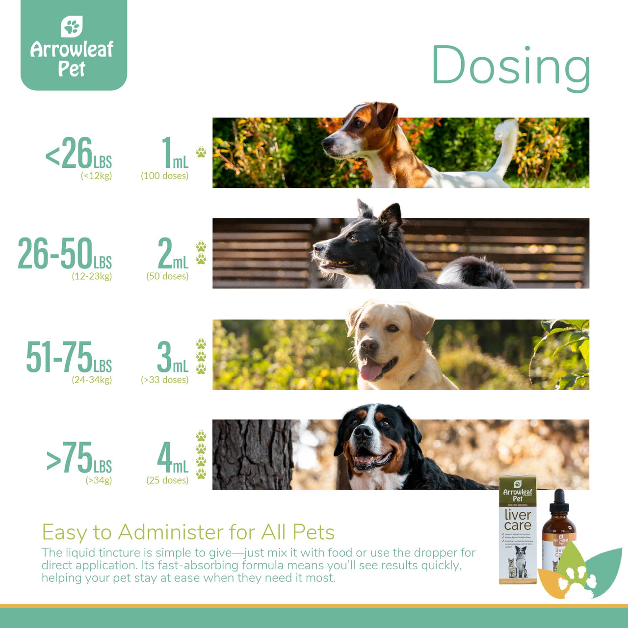 Arrowleaf Pet Liver Care dosing chart with dogs of various sizes and dosage ranges from 1 mL to 4 mL by weight, highlighting the liquid tincture’s ease of administration and fast absorption.
