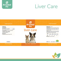 Arrowleaf Pet Liver Care product label design for cats and dogs, showing ingredient list, dosage chart, and branding in orange and white with dog and cat image.