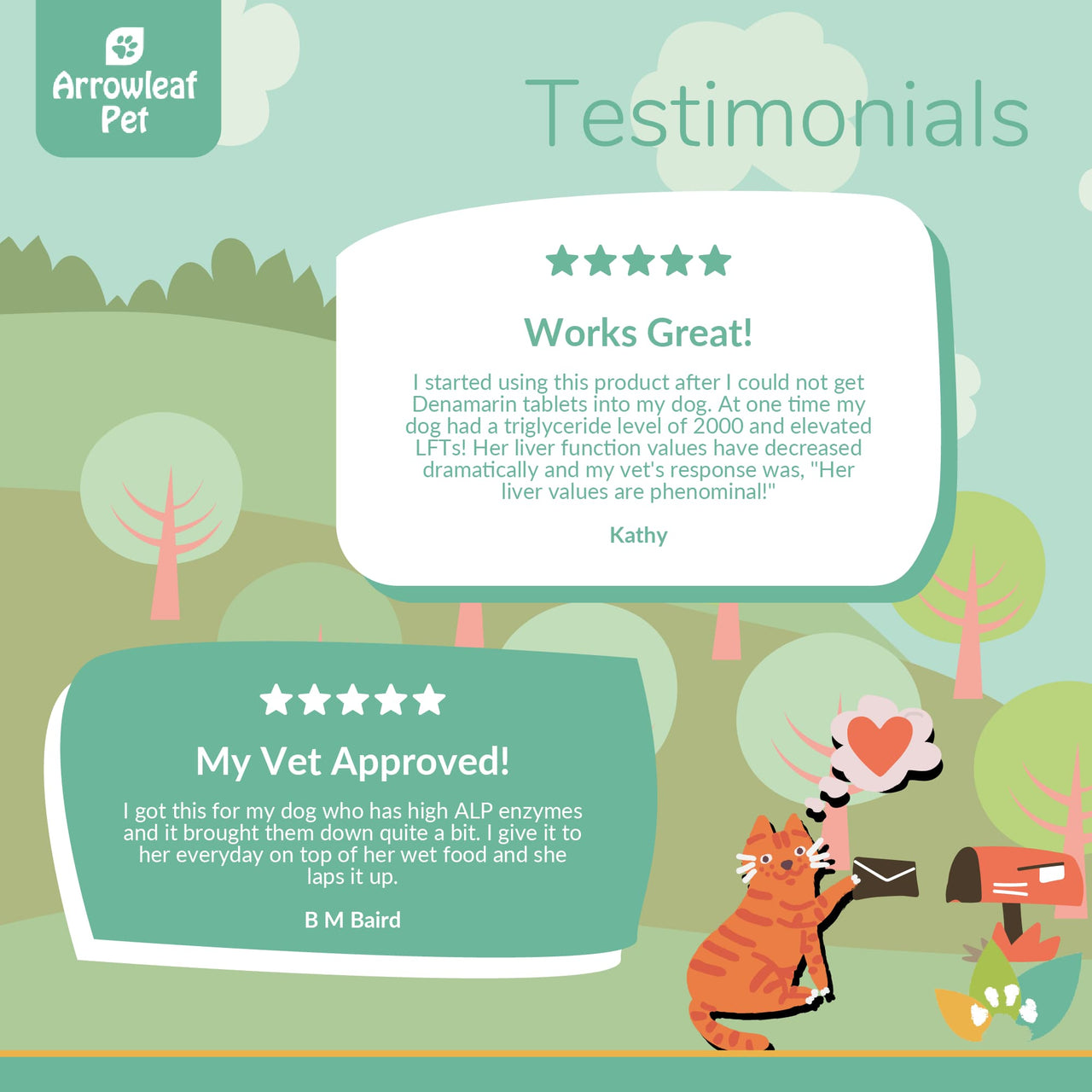 Arrowleaf Pet Liver Care testimonial infographic with illustrated cat mailing a letter, featuring two customer reviews about improved liver function and veterinarian approval.