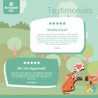 Arrowleaf Pet Liver Care testimonial infographic with illustrated cat mailing a letter, featuring two customer reviews about improved liver function and veterinarian approval.
