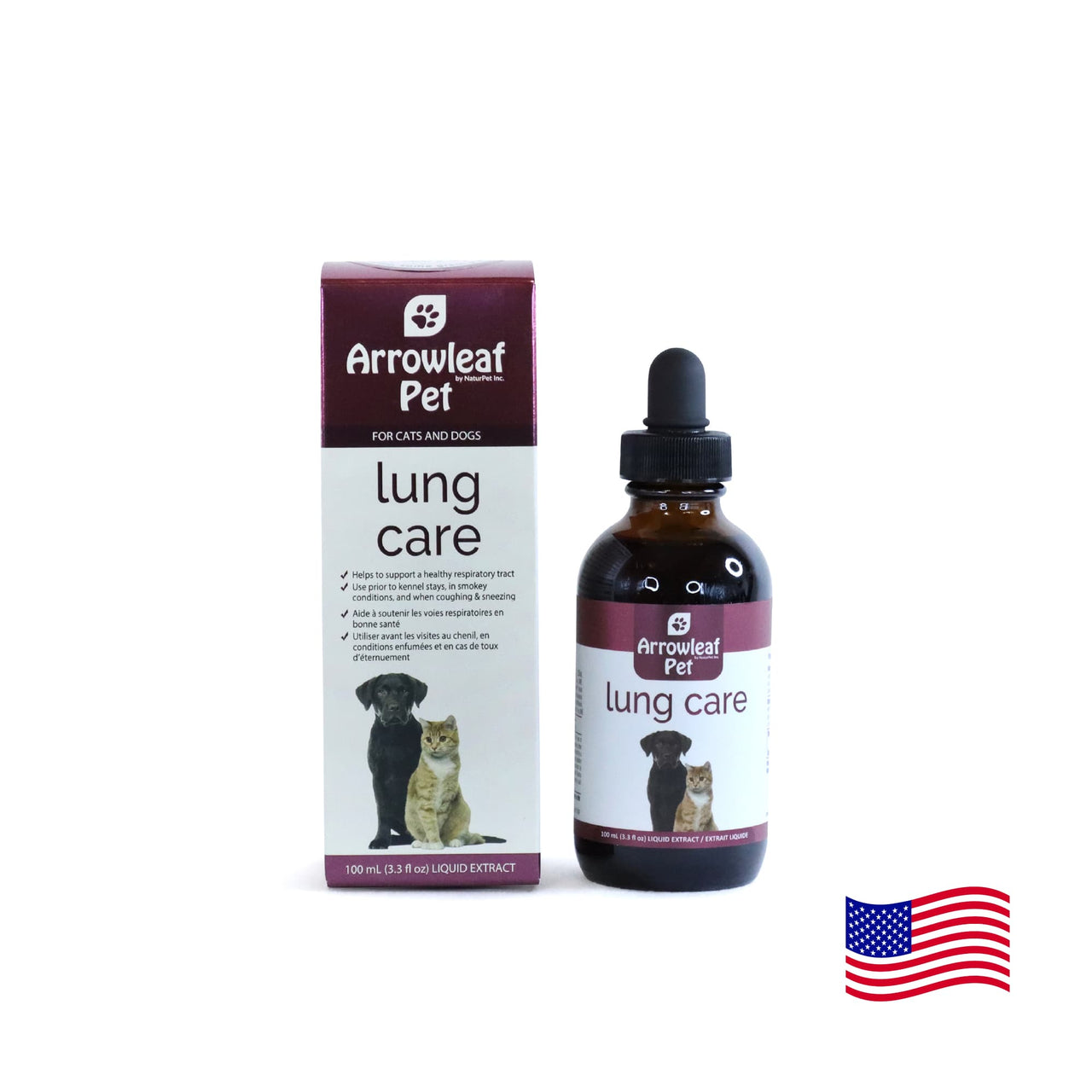 Arrowleaf Pet Lung Care for cats and dogs, 100 mL liquid herbal supplement in an amber bottle beside retail box with American flag.
