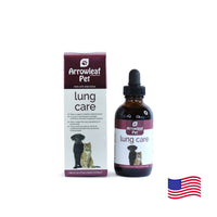 Arrowleaf Pet Lung Care for cats and dogs, 100 mL liquid herbal supplement in an amber bottle beside retail box with American flag.