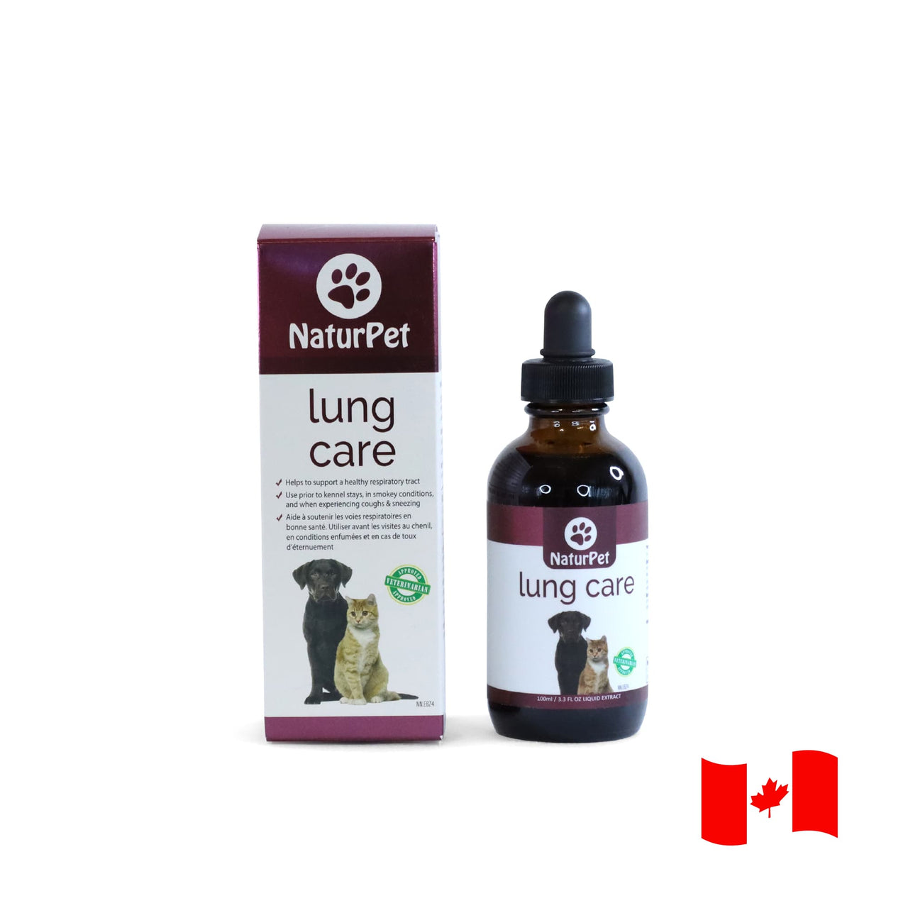 NaturPet Lung Care for cats and dogs, 100 mL liquid herbal supplement in an amber bottle beside retail box with Canadian flag.