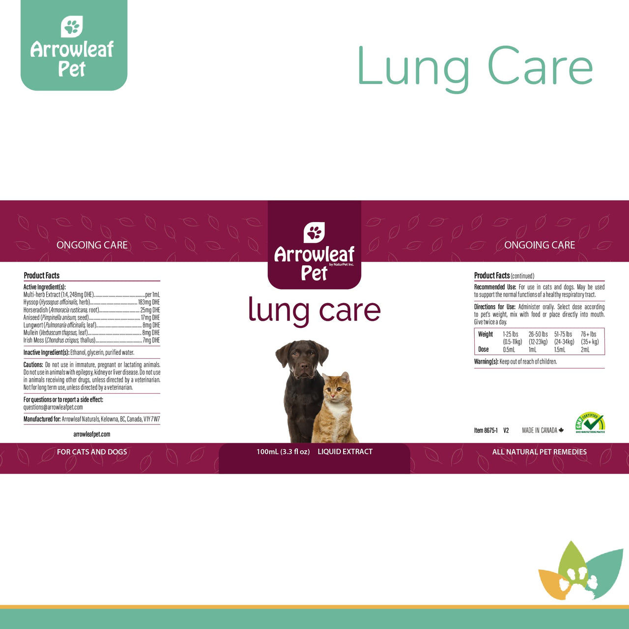 Arrowleaf Pet Lung Care product label for cats and dogs, showing ingredient list, dosage chart, and maroon-and-white branding with dog and cat image.