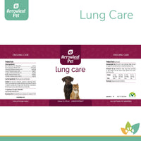 Arrowleaf Pet Lung Care product label for cats and dogs, showing ingredient list, dosage chart, and maroon-and-white branding with dog and cat image.