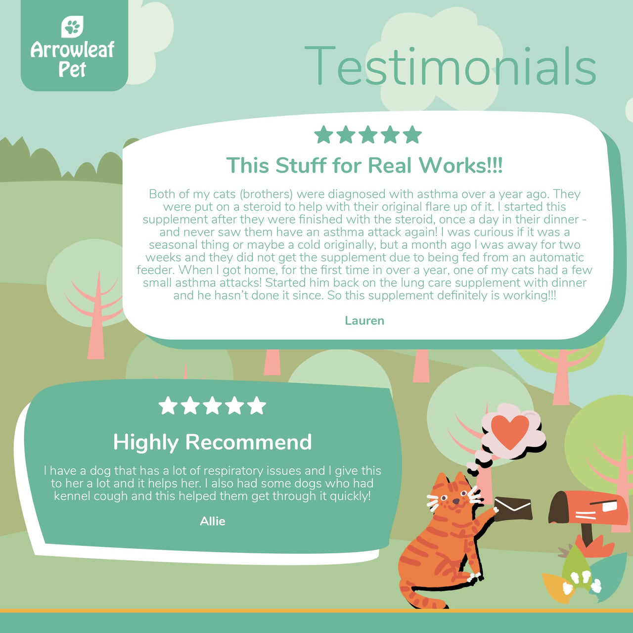 Arrowleaf Pet Lung Care testimonial infographic with illustrated cat mailing a letter, featuring two customer reviews highlighting easier breathing, reduced irritation, and improved respiratory comfort in pets.