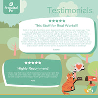 Arrowleaf Pet Lung Care testimonial infographic with illustrated cat mailing a letter, featuring two customer reviews highlighting easier breathing, reduced irritation, and improved respiratory comfort in pets.