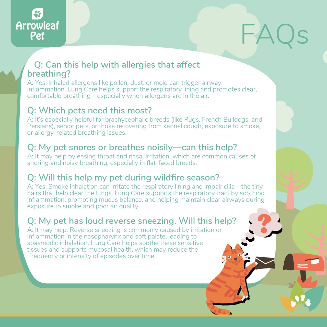 Arrowleaf Pet Lung Care FAQ infographic with illustrated cat mailing a letter. Text answers common questions about respiratory support, allergy-related breathing issues, noisy breathing, wildfire smoke irritation, and reverse sneezing.