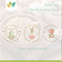A bowl filled with powdered natural ingredients sits behind three illustrated icons labeled Natural Ingredients, SLS Free, and Natural Fragrances, with Bella Bar Pet Shampoo Bars branding above and the text “Clean and Natural” below.