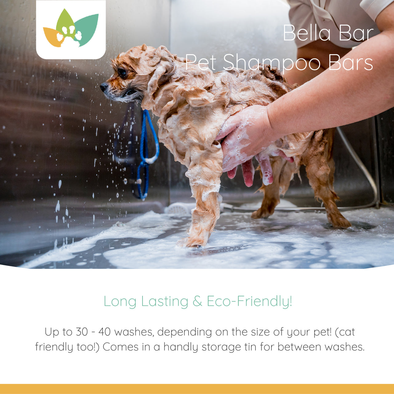 A small wet dog getting bathed in a stainless steel grooming sink while a person lathers its fur. The Bella Bar Pet Shampoo Bars branding appears in white text at the top of the image.