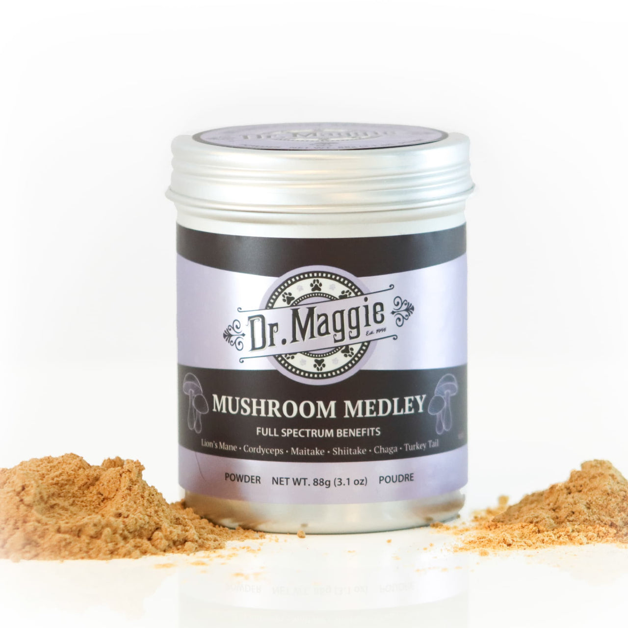 A jar of Dr. Maggie Mushroom Medley powder, 88g (3.1 oz), displayed upright with small piles of loose mushroom powder on both sides against a white background.