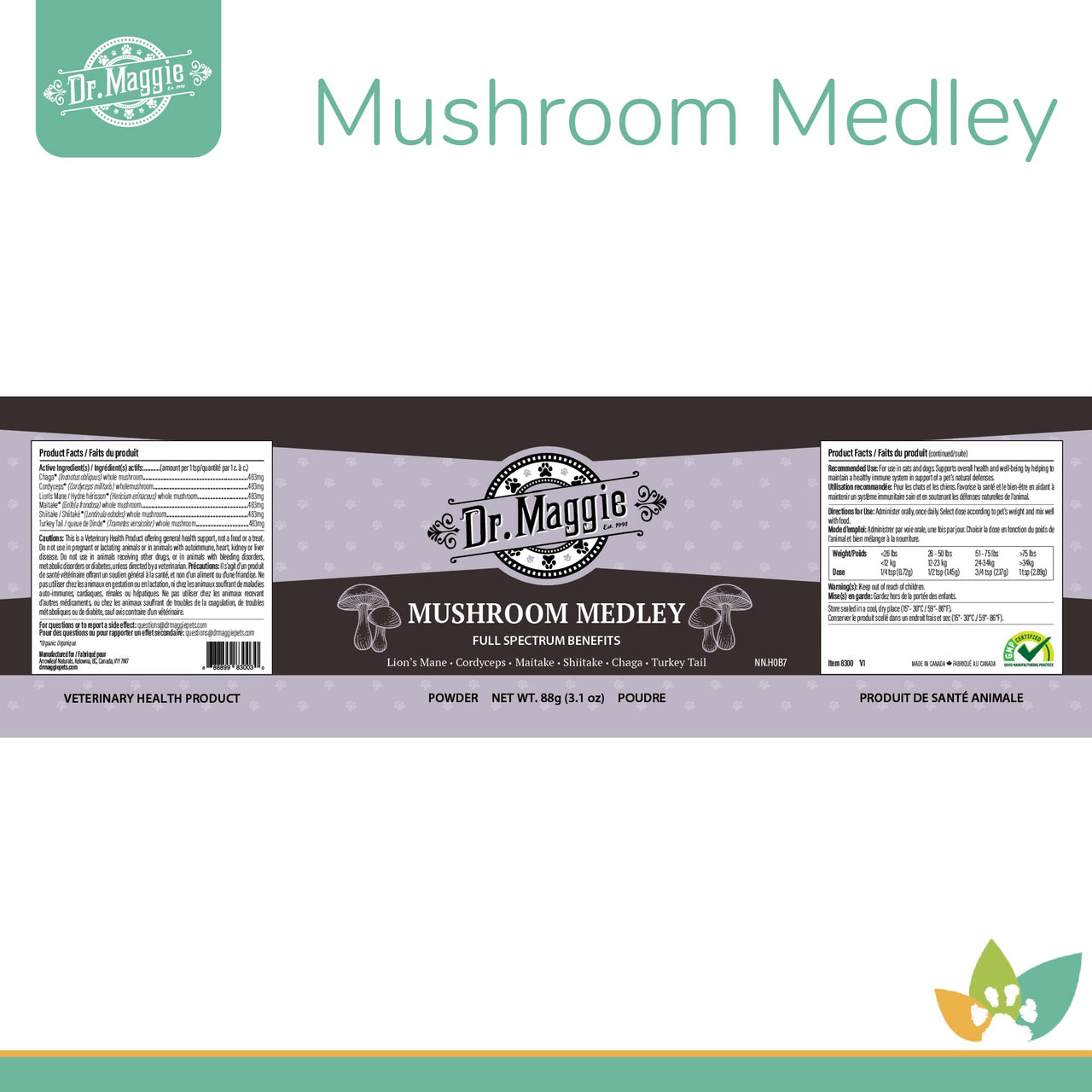 Dr. Maggie Mushroom Medley product label for cats and dogs, showing ingredient list, dosage chart, and branding in purple and black.